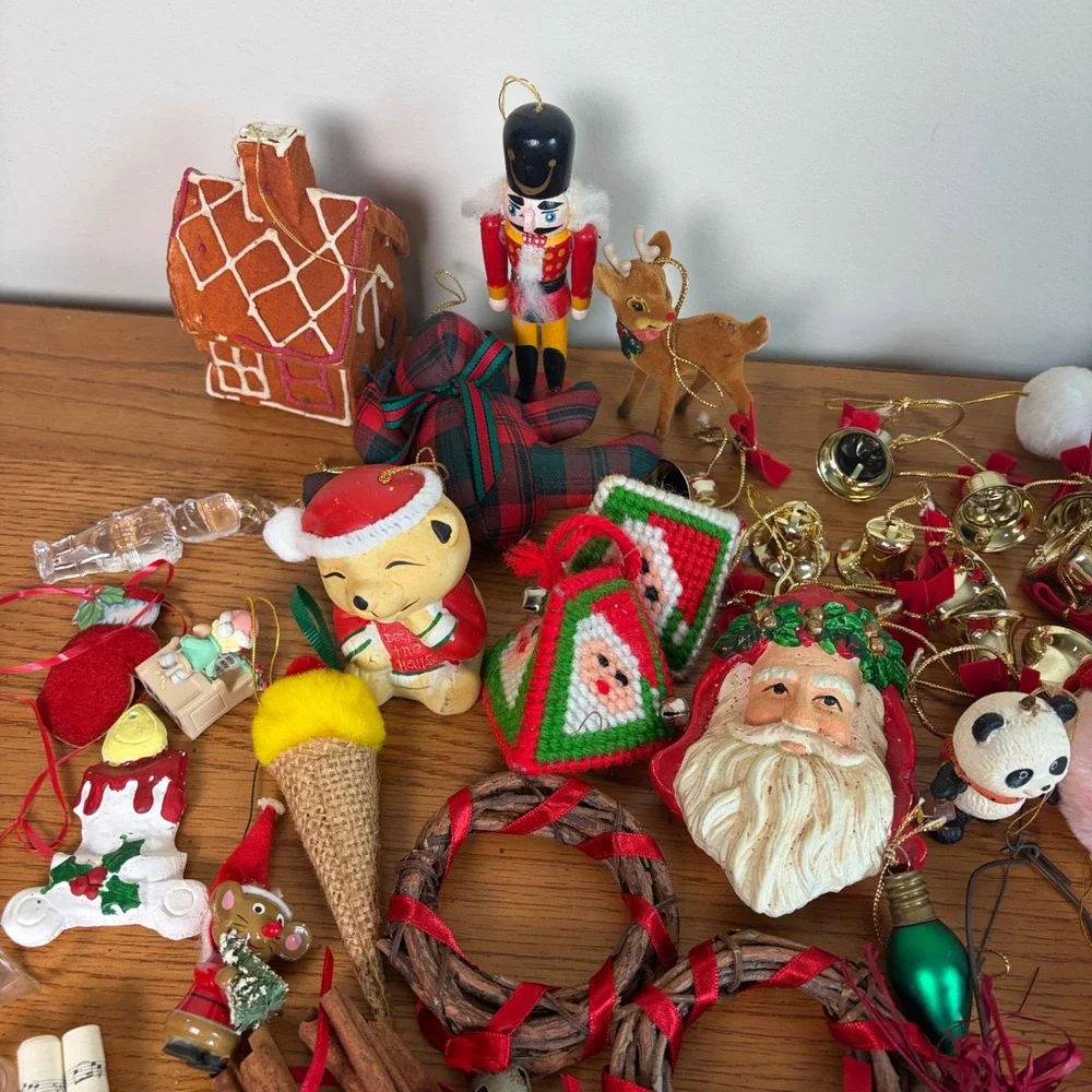Vintage Christmas Ornament Lot Santa Gingerbread Needlepoint Retro Holiday Decor